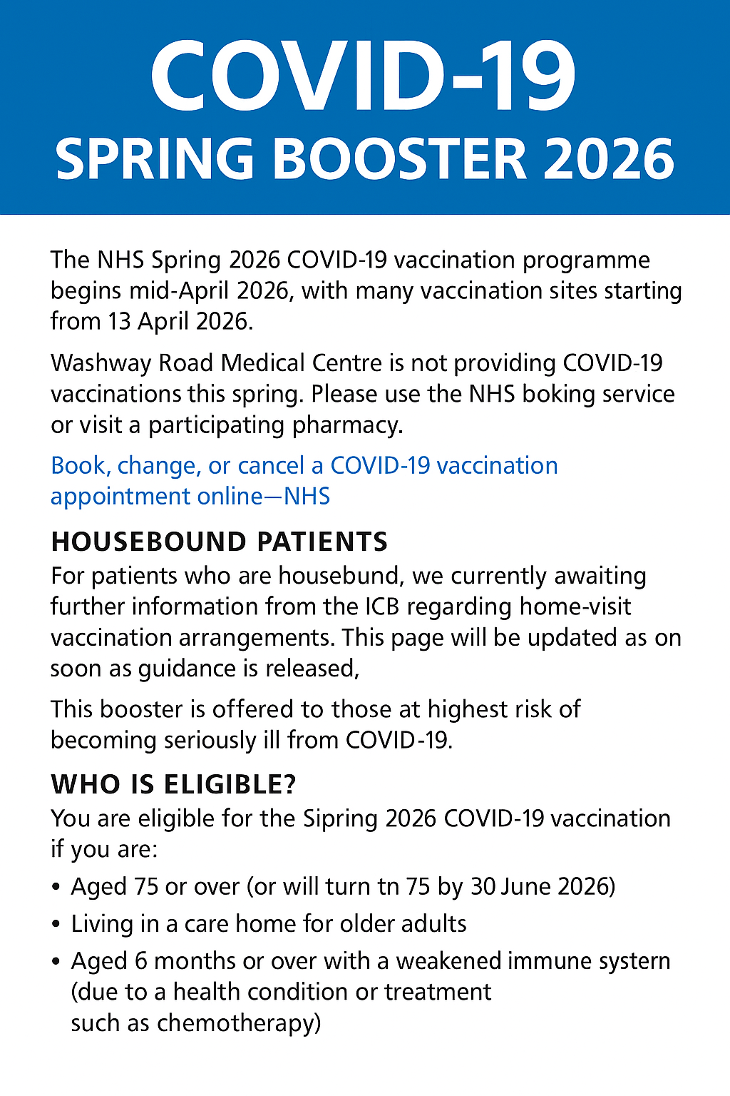 Covid 19 – Spring Booster Information